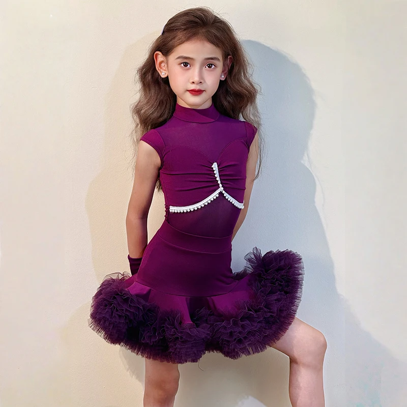 Kids Girls Latin Dance Dresses Mesh Sleeveless Bodysuit and Chiffon Tutu Skirt Dancewear Ballroom Training Competition Costume