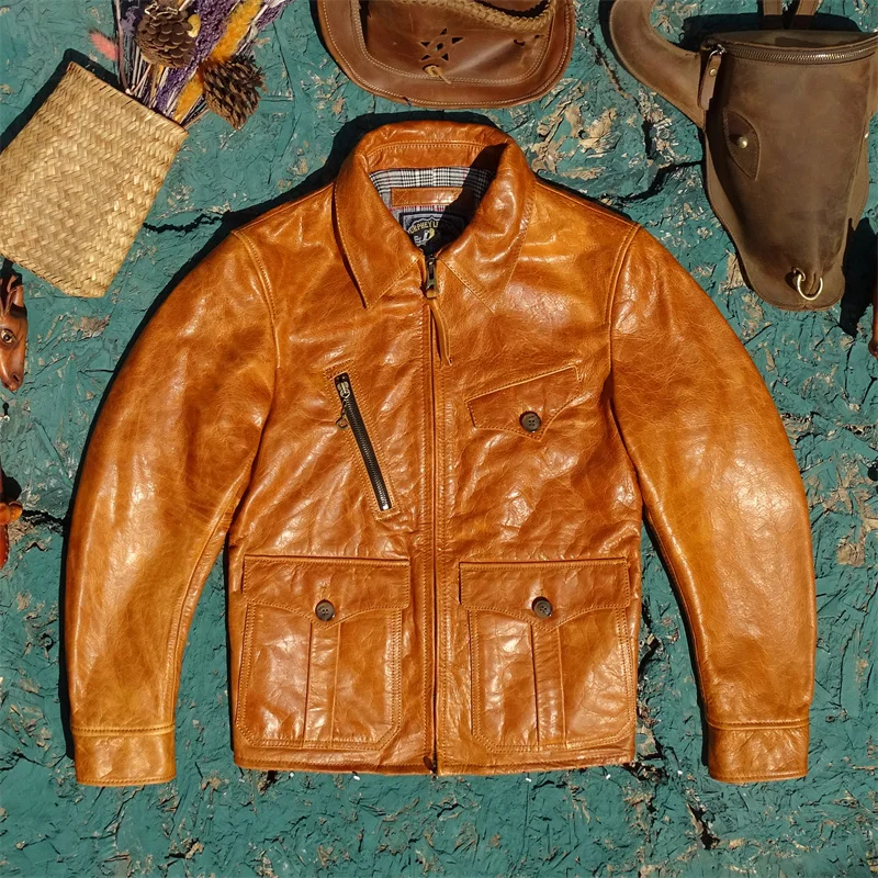 Classic Newsboy Style Vintage American Leather Jacket Honey Wax Top Layer Horsehide Zipper Closure Long Sleeve Men's Coat