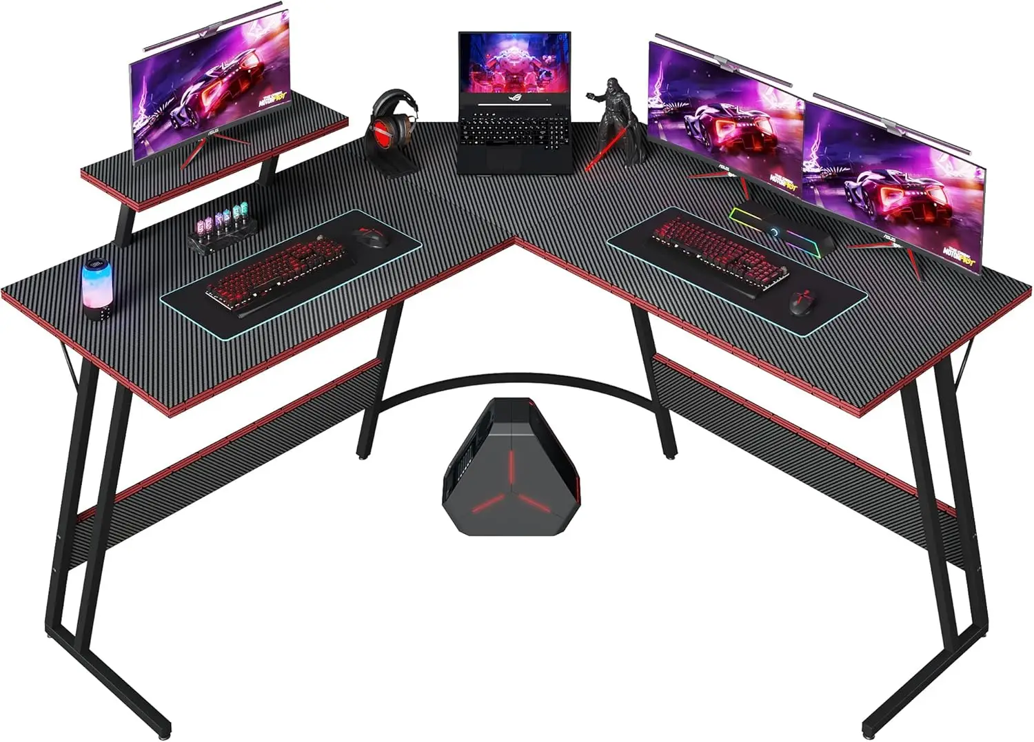 Shahoo L Shaped Gaming Desk, 66 Inch Computer Corner Table with Large Monitor Stand & Carbon Fiber Surface for Home Office