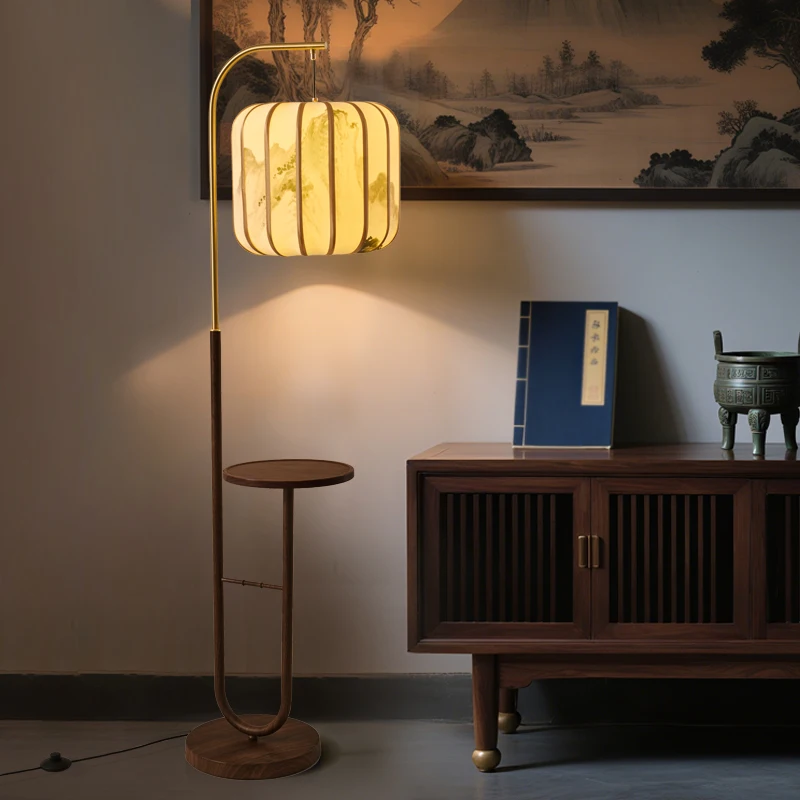 Japanese Retro Wooden Integrated Storage Rack Floor Lamp LED Living Room Office Bedroom Teahouse Study Homestay Standing Lights