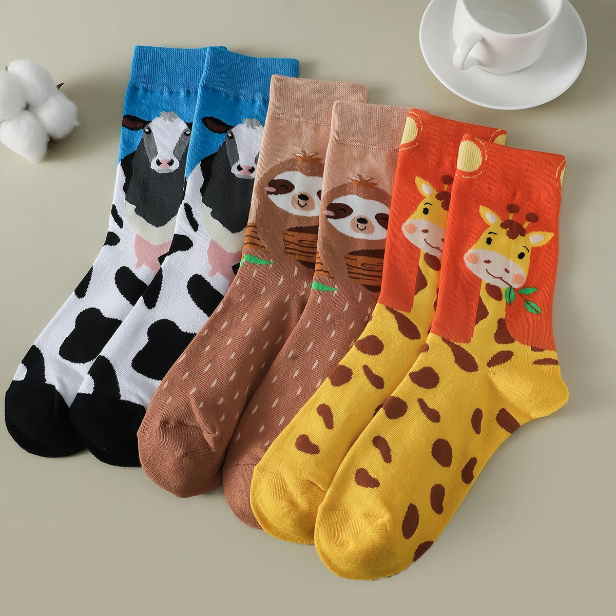 3 Pairs Women's Socks Koala Giraffe Cow Animal Pattern Cartoon Cute Socks Street Comfort Breathable Female Crew Socks Lot