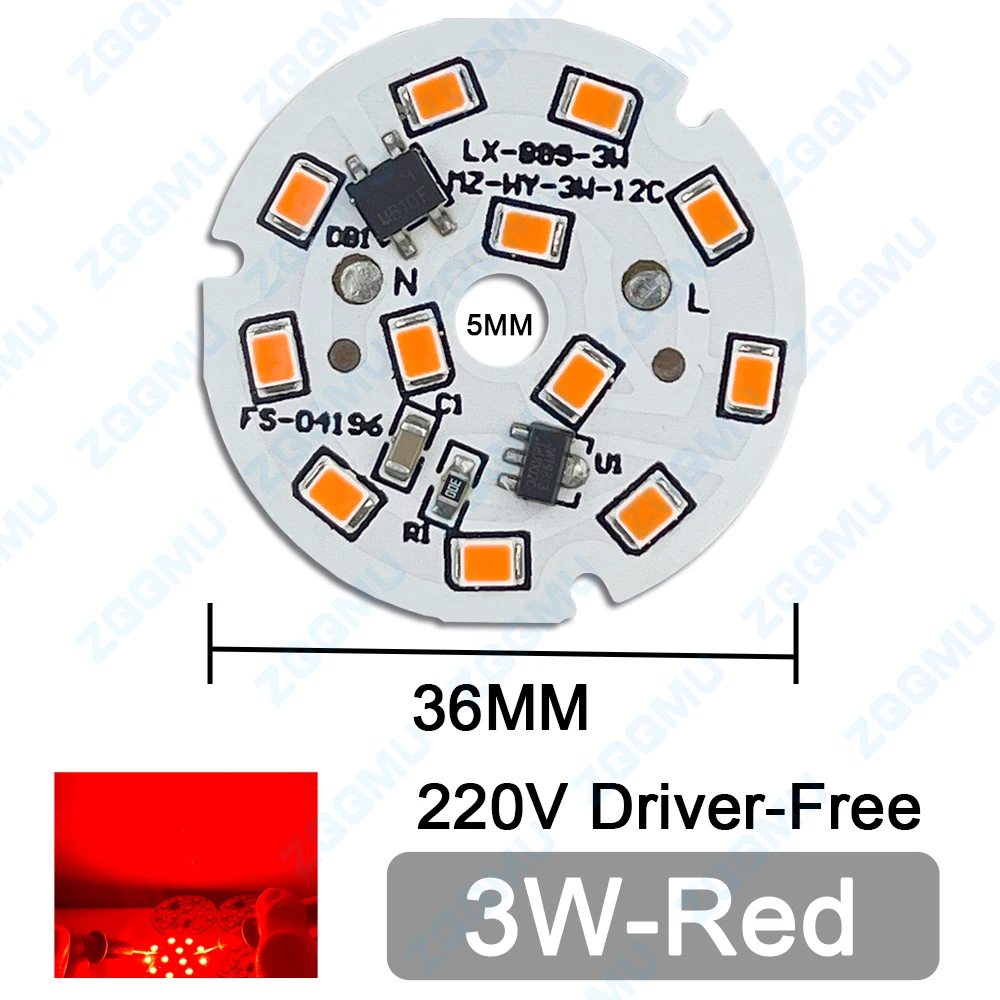 Carte lumineuse à courant constant sans pilote, lumière rouge, lumière bleue, lumière verte, source d'ampoule bricolage, PCB, AC 220V, 3W, 5W