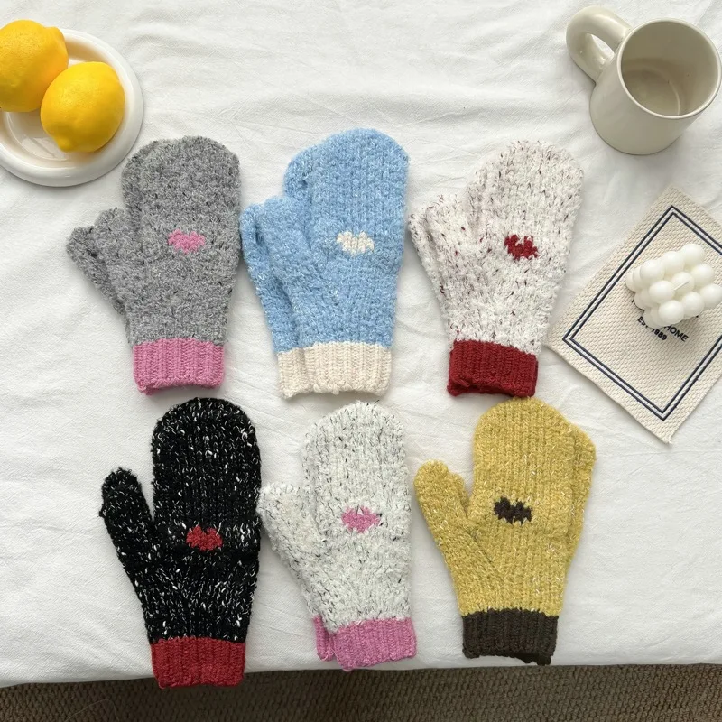 Korean Ins Style Lovely Jacquard Contrast Color Knitted Gloves Women's Winter Cute All-Matching Thick Warm Mittens