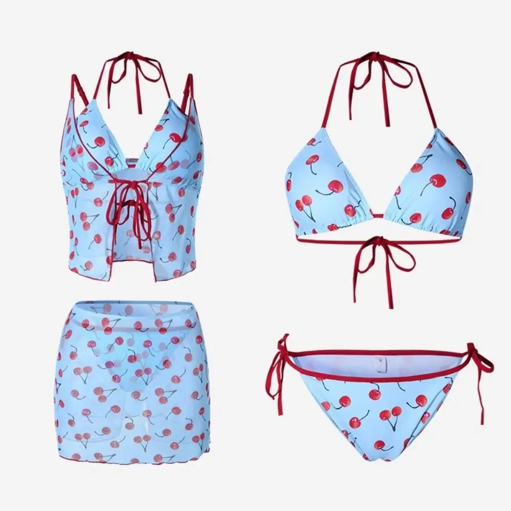 

Cover-Ups Pure Color Cherry Bikini Set Push Up Mesh Lace Up Sexy Swimwear Print Pattern Wrap Skirt Four Piece Set Korean Style