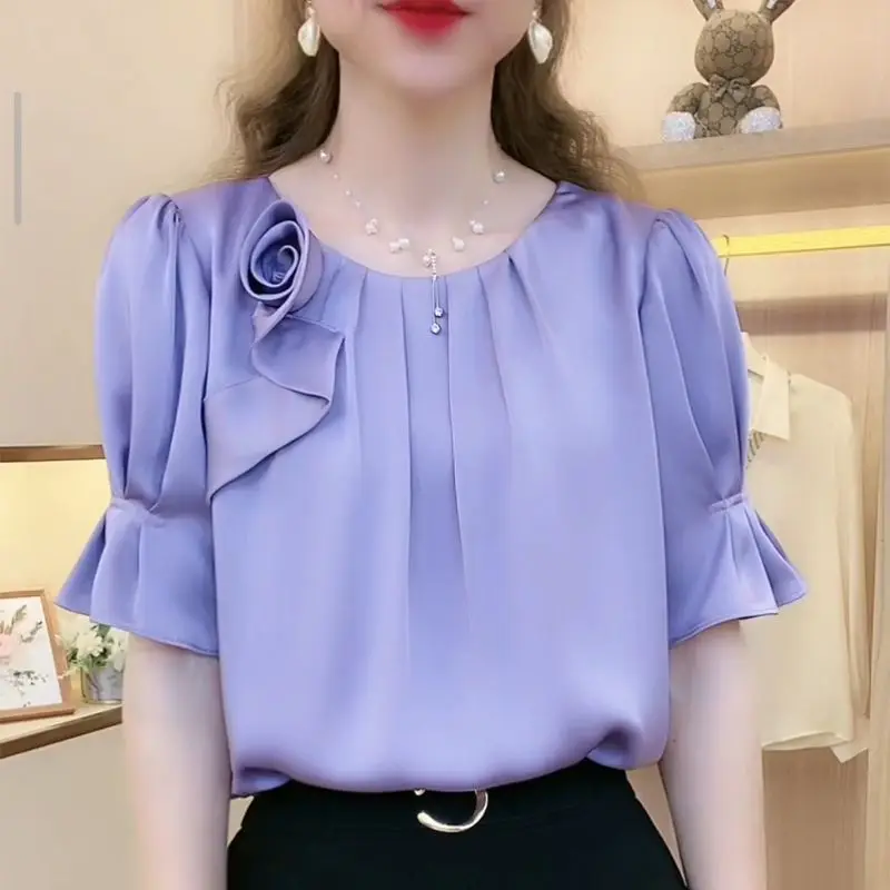 Summer Korean Elegant Female Solid Color Folds Spliced Blouse Fashion All-match Round Neck Short Sleeve Shirt Women\'s Clothing