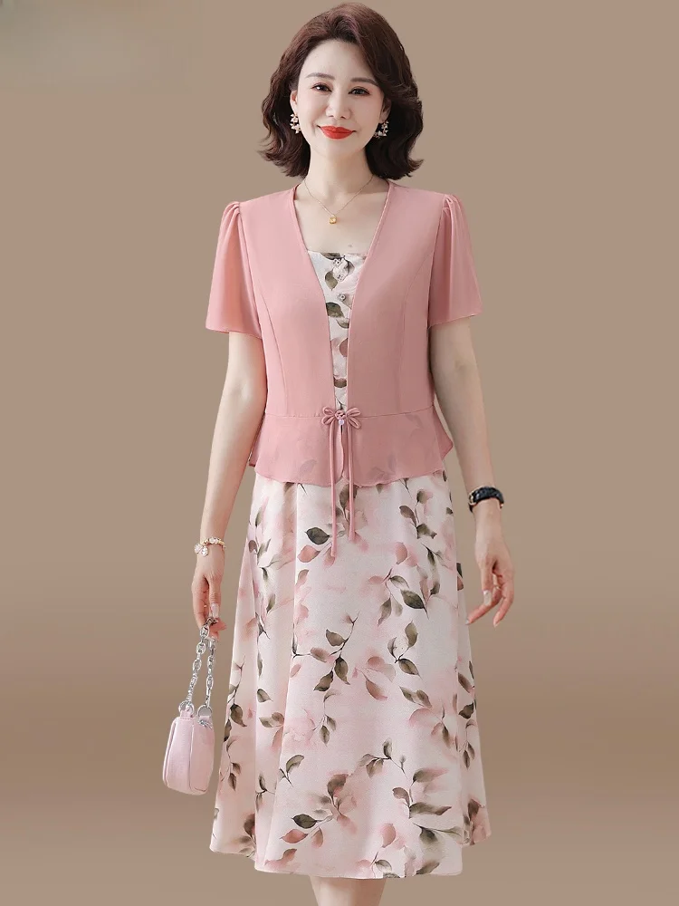 

Fashionable Summer Dress for Middle-Aged Mothers Polyester Chiffon Short Sleeve Women's Dress Elegant And Style