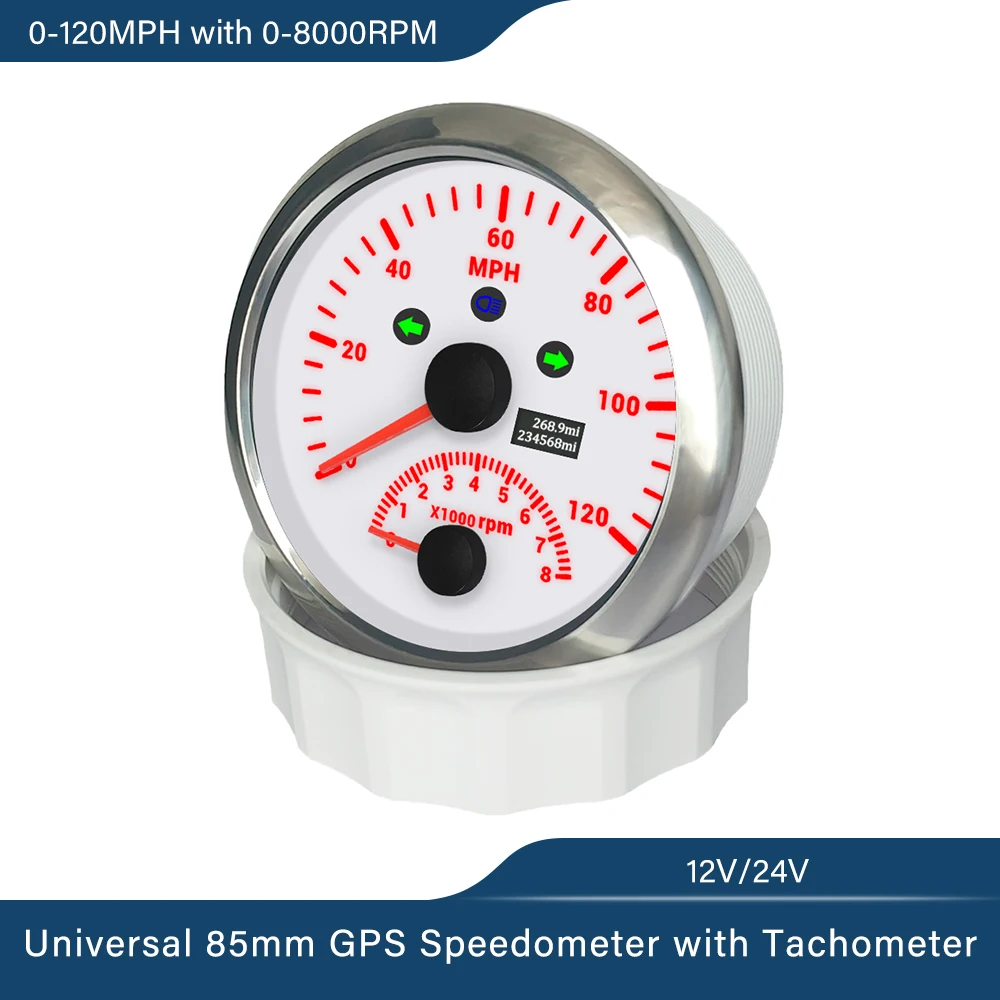 Universal 85mm GPS Speedometer 0-120MPH 0-200MPH with 0-8000RPM Tachometer with Red Backlight for Car Yacht Van Boat 12V 24V