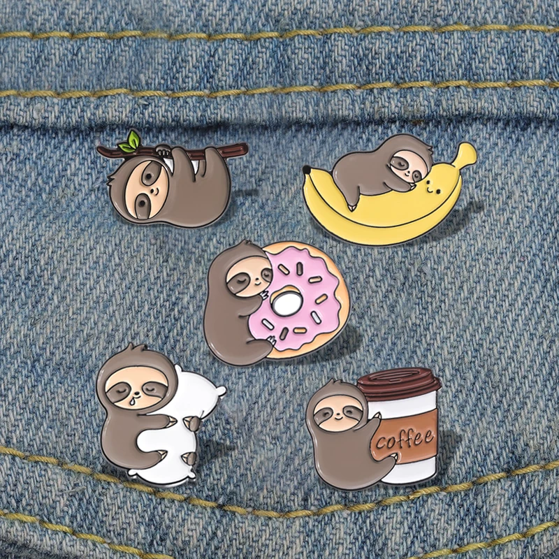 Lazy Sloth Enamel Pins Custom Coffee Donut Banana Pillow Brooches Lapel Badges Cartoon Animal Jewelry Gift for Kids Friends