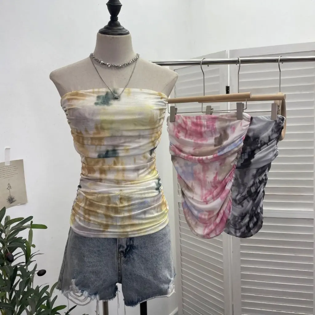 

Thai Splash Ink Vest Sleeveless Top Real Shot Mesh Irregular Stacked Pleated Design for Women