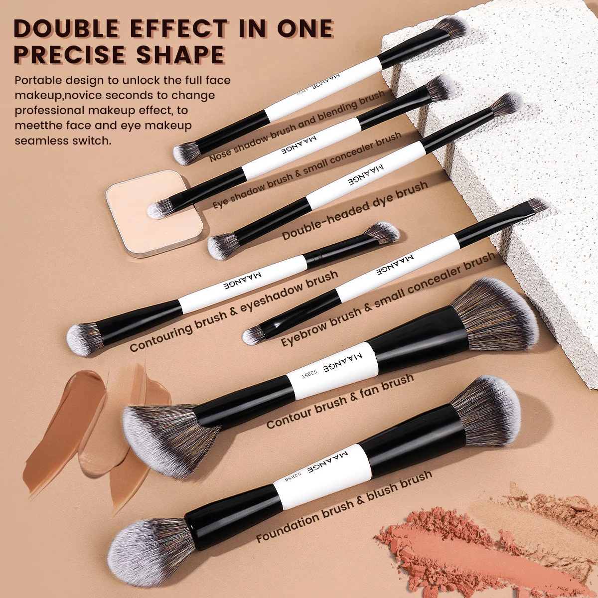 MAANGE 7pcs Premium Double-ended Face Makeup Brushes Perfect for Cheek Forehead Foundation Eyeshadow Blending Deepen Contour Kit