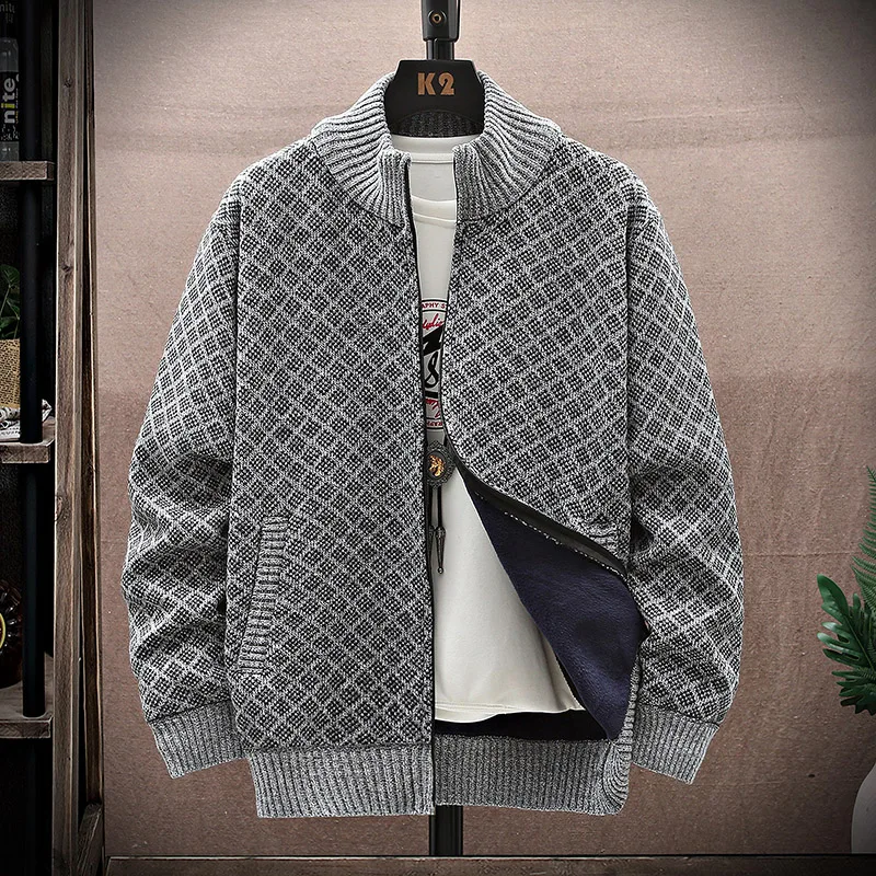 Fashion Men Cardigan Sweater Stand Collar Fleece Thicker Warm Knitted Sweaters New Winter Casual Breathable Sweaters Men Jackets