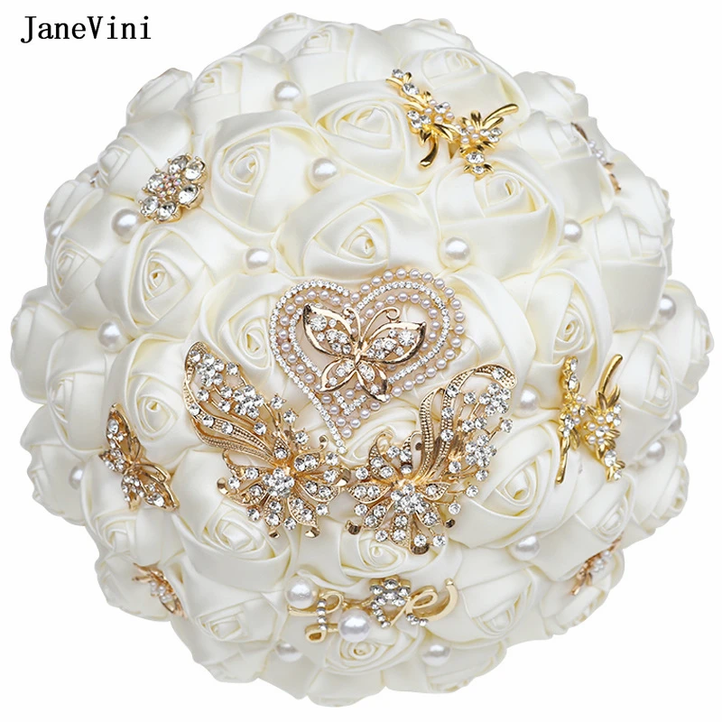 JaneVini Luxury Rhinestone Pink Bouquet Flower Butterfly Brooch Bridal Bouquets Pearls Ribbon Roses Korean Bride Wedding Bouquet