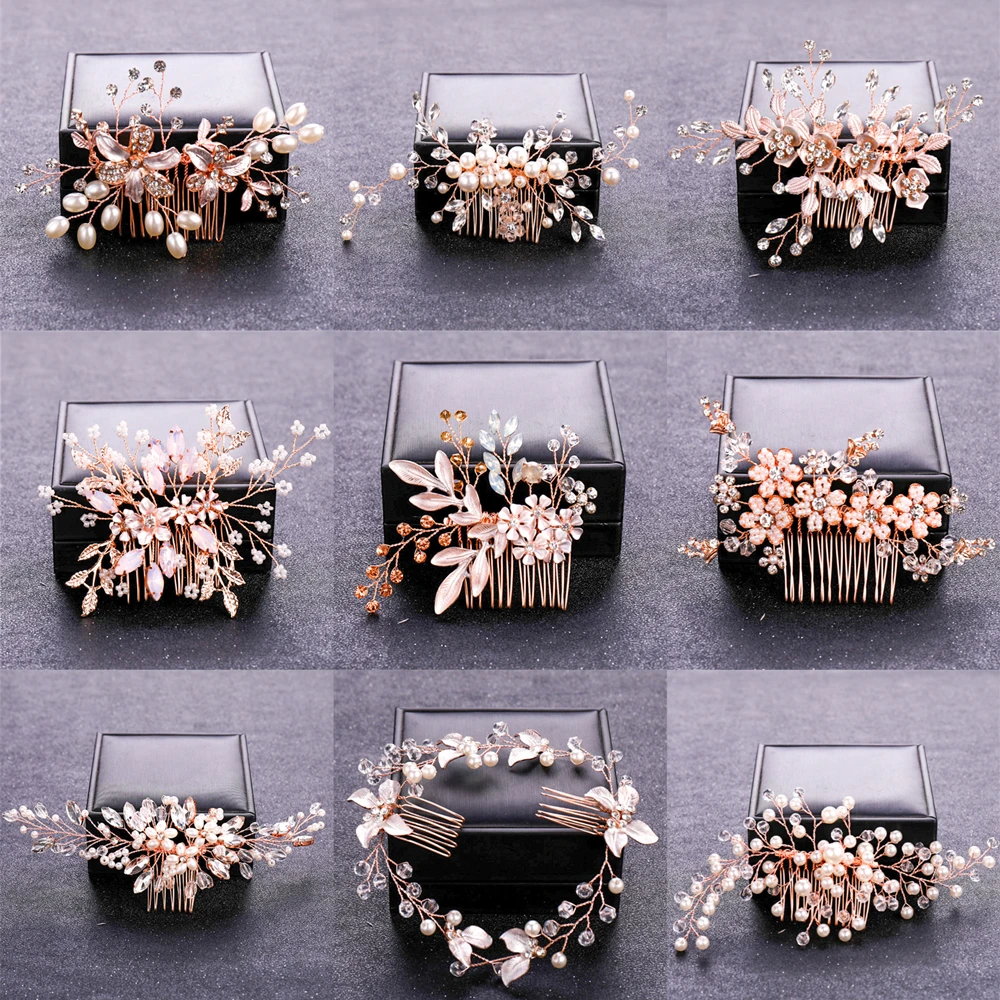 Rose Gold Color Crystal Pearl Flower Hair Comb Hairpin Headband For Women Bride Wedding Bridal Hair Accessories Jewelry Comb