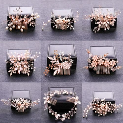 Rose Gold Color Crystal Pearl Flower Hair Comb Hairpin Headband For Women Bride Wedding Bridal Hair Accessories Jewelry Comb