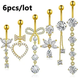 Mixed-Style Bow Flower Butterfly-Shaped Belly Button Ring Set Gold Crystal CZs Stainless Steel Navel Ring Curved Belly Piercings