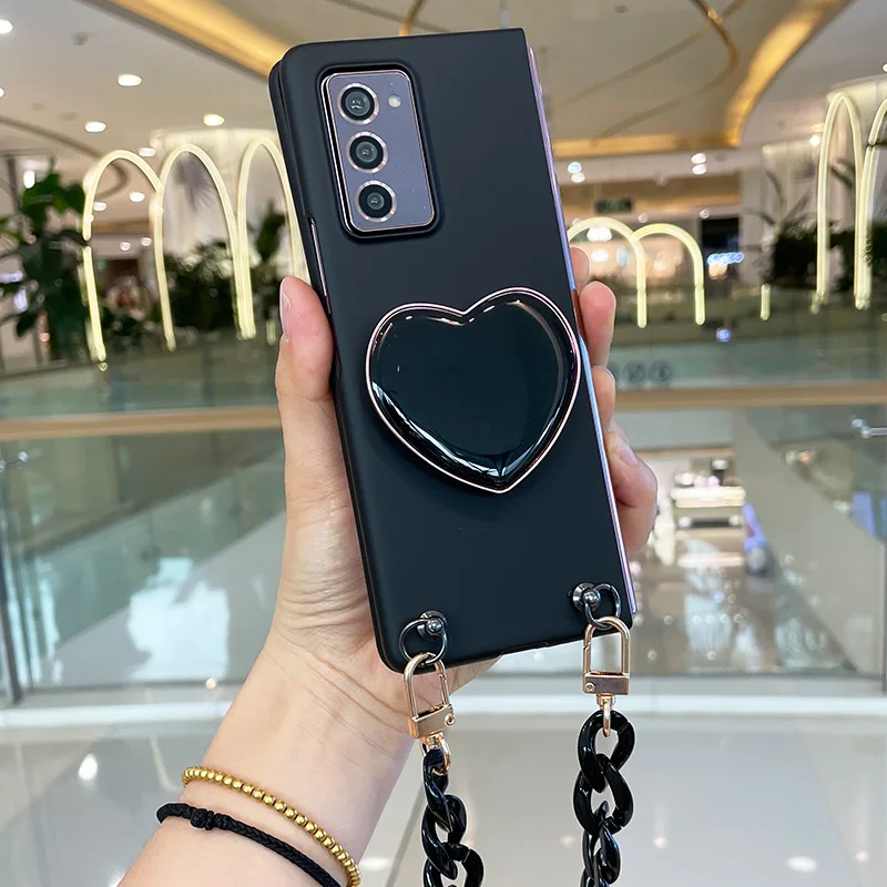 Fashion Black Bracelet Hand Chain Long Strap Crossbody Skin Back Portable Case For Samsung Galaxy Z Fold 3 2 ZFold 6 7 ZFold 5 4