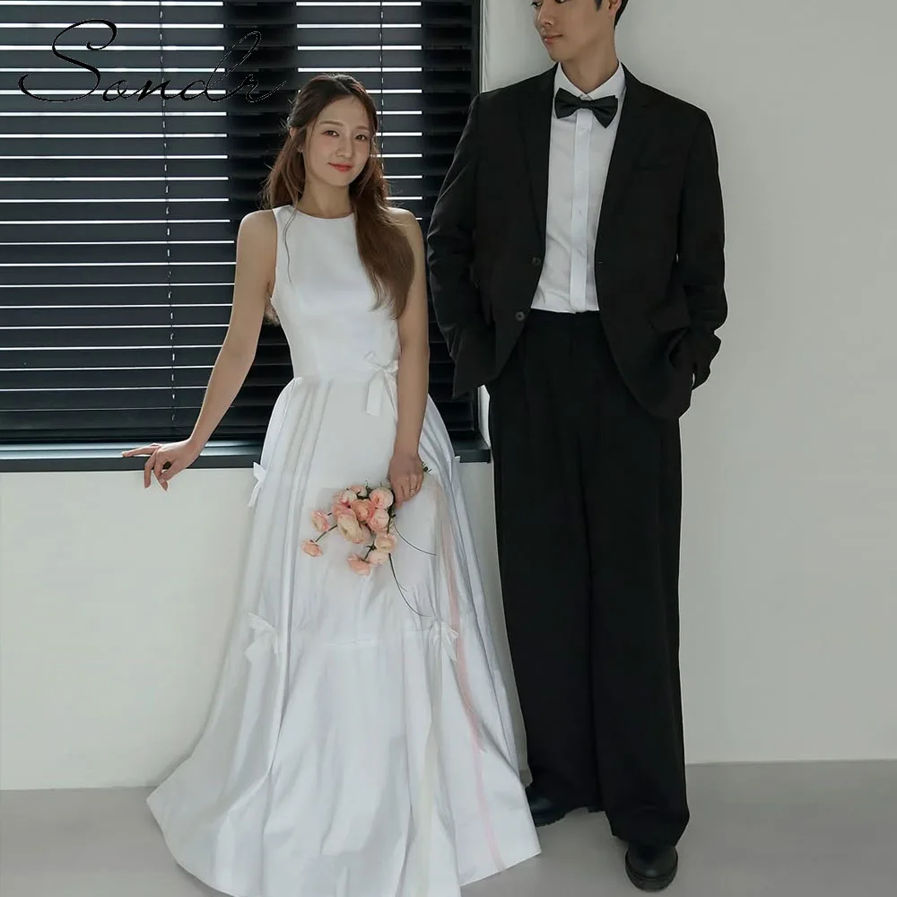 Sondr vestidos de casamento coreanos, gola redonda, sem mangas, laço personalizado, vestidos de recepção, elegante, vestido de noiva