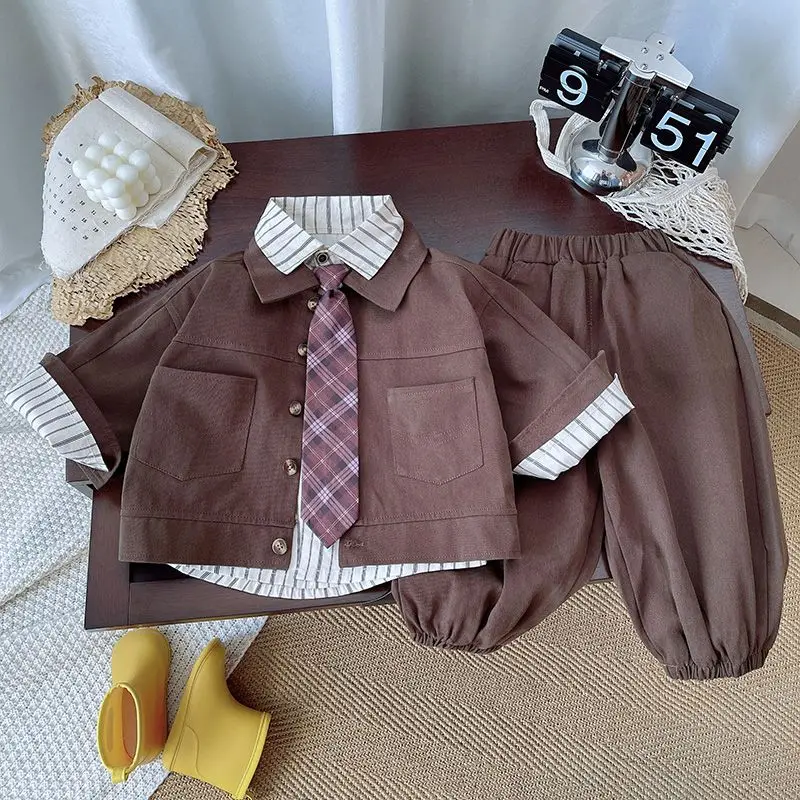 Autumn Winter Fashion Baby Boys Kids Coat+ Stripe Shirt Tie+Loose Pants Legging Children Casual 3Pcs Handsome Suit Sets Clothing