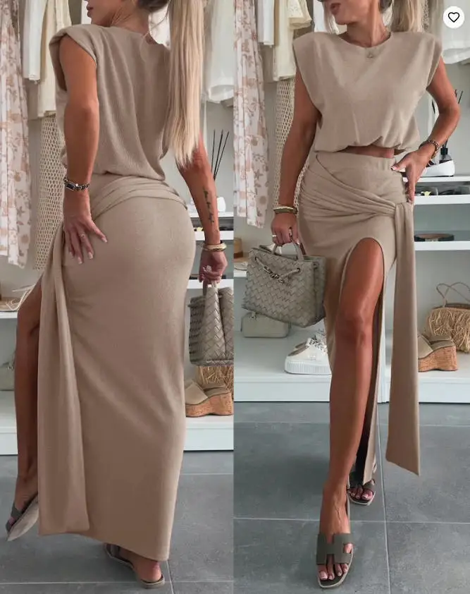 Two Piece Set Women Outfit 2026 Summer New Shoulder Pad Cap Sleeve Round Neck Crop Top & Tied Detail High Slit Skirt Set