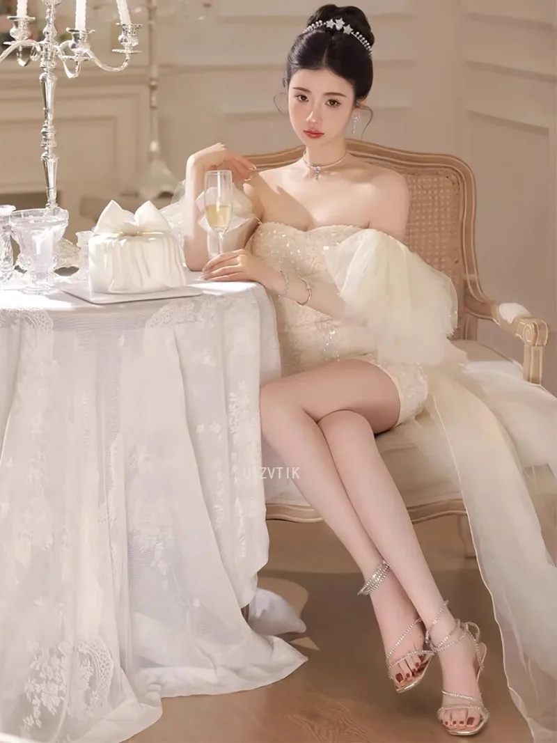 2025 женские простые короткие свадебные платья, изысканное блестящее облегающее мини-вечернее платье, модное платье с пышными рукавами для дня рождения