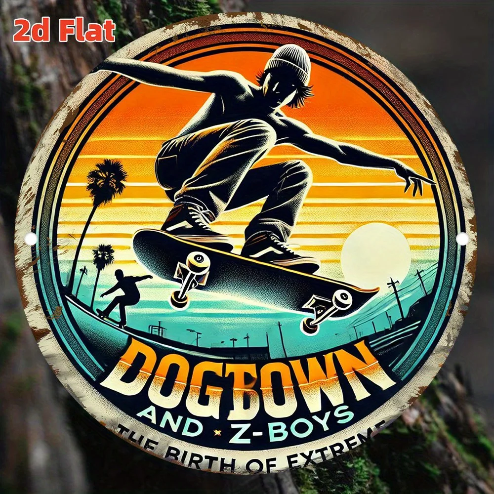 1pc 2D Flat Dogtown Z-Boys Vintage Skateboard Metal Sign - 7.87x7.87inch, Durable Iron Wall Decor with Palm Tree & Sunset