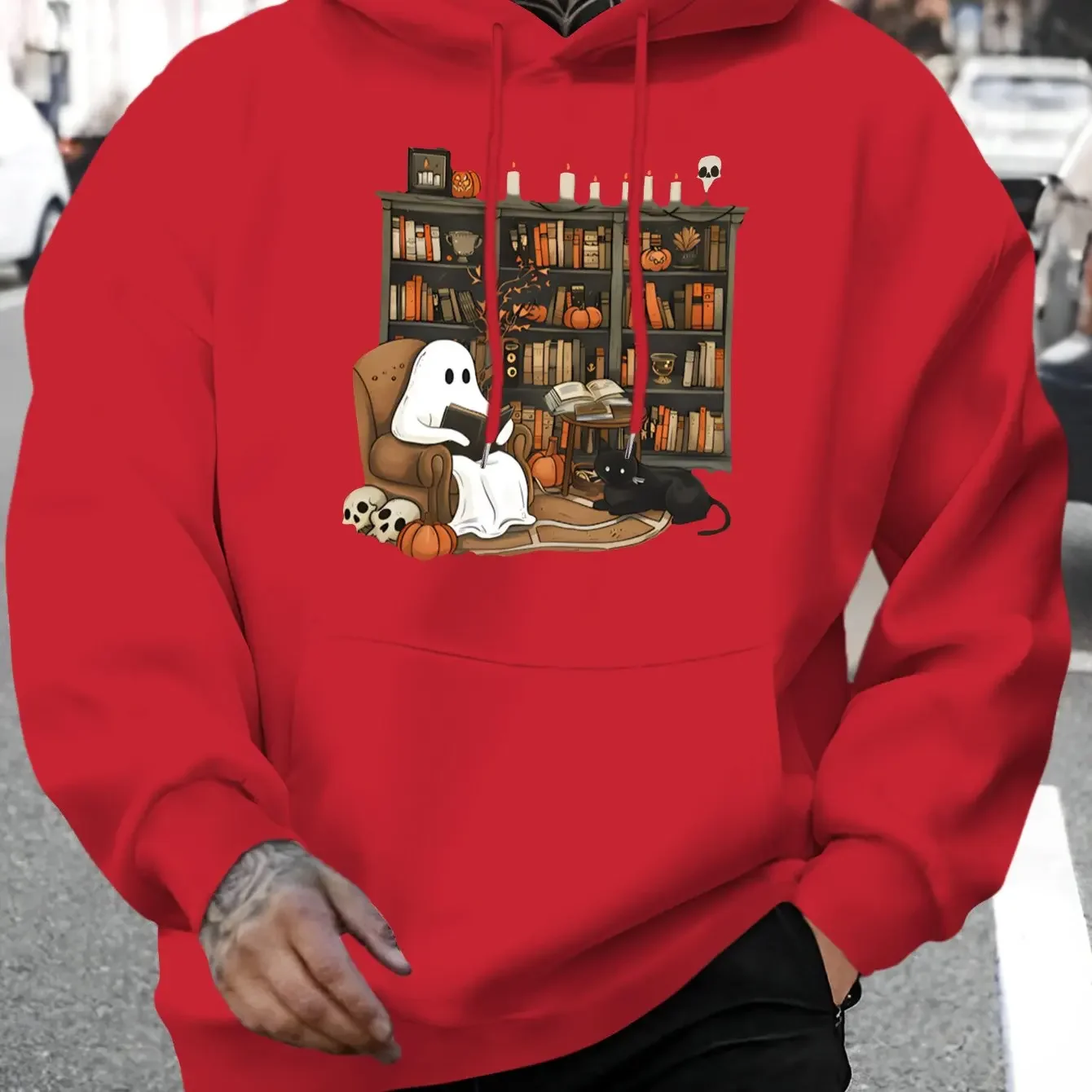 Men'S New Stylish Horror-Themed Halloween Library Print Casual Hoodie with Drawstring Perfect for Autumn And Winter