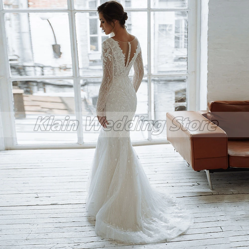 Customized Weilinsha Gorgeous Lace Mermaid Wedding Dresses Ladies Court Train Illusion V-Neck Sequined Appliques Bridal Gowns Fo