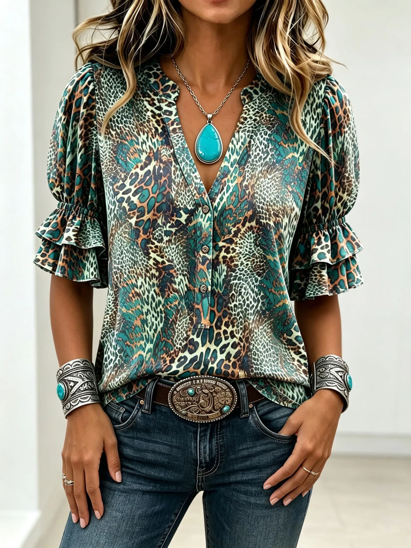 Teal Mixed Leopard Gradient Animal Print Blouse Ladies Split V-Neck Tiered Ruffle Puff Sleeve Farm Western Casual Women Clothes