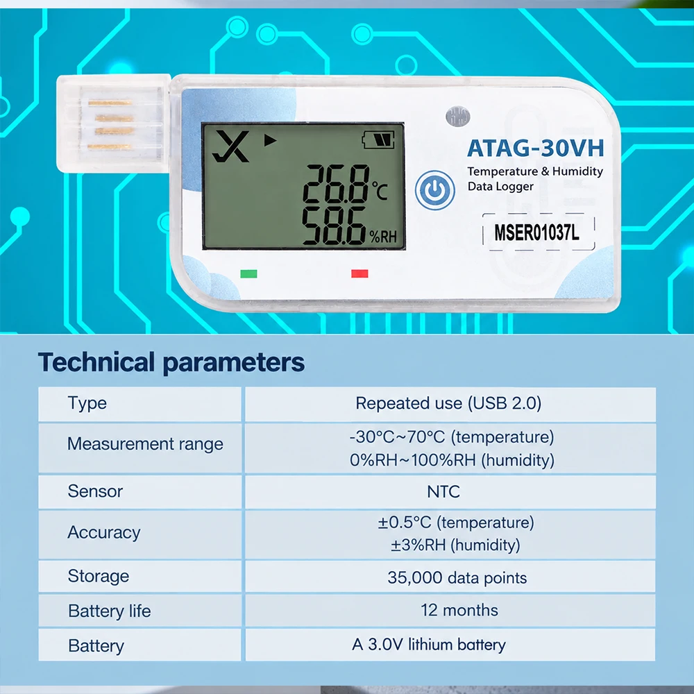 180 Days USB Temperature Data Logger -30°C to 70°C Temperature Humidity Recorder  PDF Report Thermometer Cold Chain Monitoring