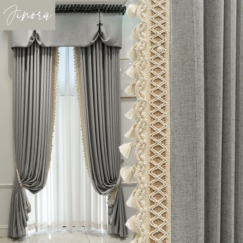 Floor-to-ceiling Windows Villa Japanese Cotton And Linen Gray Jacquard Tassel Splicing Blackout Curtains For Living Room Bedroom