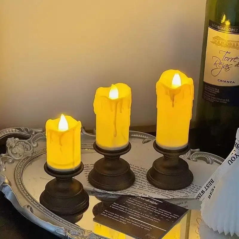 Simulation led electronic candle light retro roman pillar candlestick romantic scene christmas decorative light