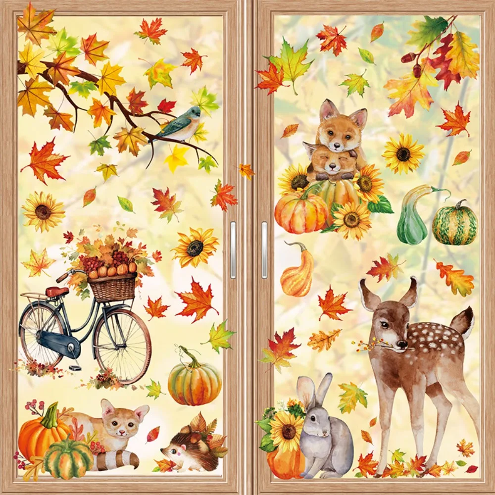 

9pcs/pack Thanksgiving Window Stickers DIY PVC Autumn Window Clings Fall Harvest Them Turkey Pattern Maple Leaf Window Stickers