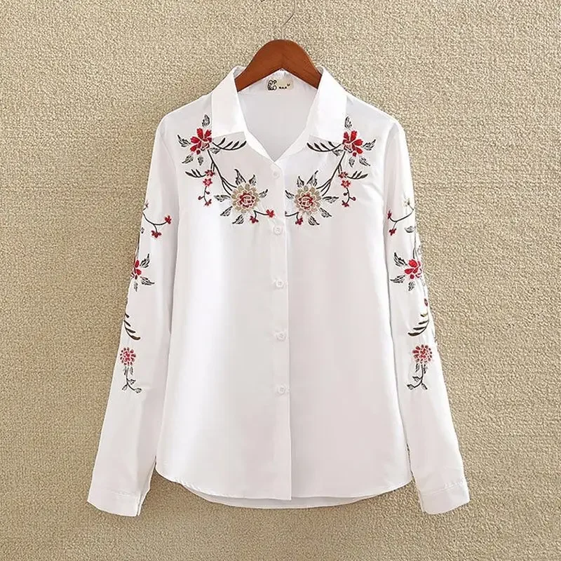 

Embroidered Elegant Blouses Feminine Shirts Women Work Wear Long Sleeve White Shirt Vintage Chiffon Ladies Tops Casual 2024 New