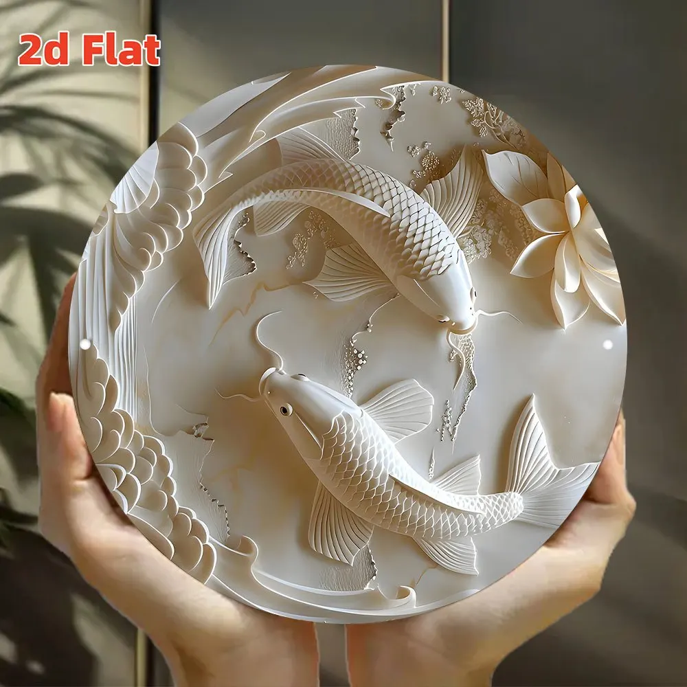 2D Metal Sign, 7.8x7.8 Inch Round Metal Sign with Koi Fish Pattern, Japanese Zen Art for Wall Decor, Oriental Lucky Symbol