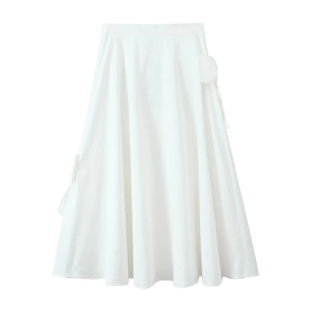 

TRAF ZR Vintage Long Skirts Flared Hem Y2k Skirt Side Hidden Zipper Flowy Stylish Pleated Bow Skirts Sweet White A-line Skirt