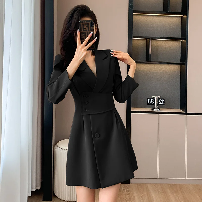 Korean Version of the Office Women's Spring and Autumn Long-sleeved Slim Waisted Lapel Solid Color Elegant Casual Suit Dresses