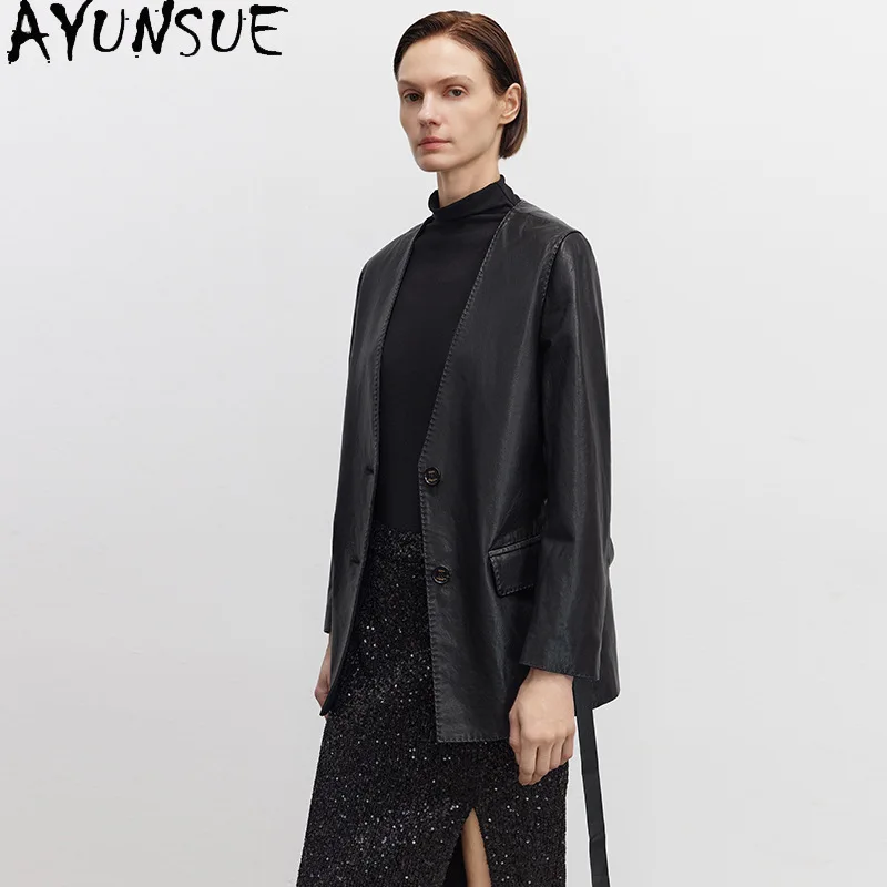 AYUNSUE Natürliche Schaffell Echtes Leder Jacke Frauen Mode Schwarz Frauen Jacken Frühling Herbst Kleidung Gürtel Jaqueta Couro