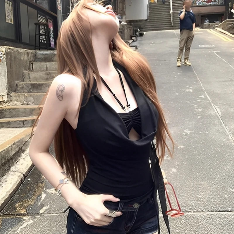 Camisola com gola halter de camada dupla feminina sexy bainha sem costas colete com contas