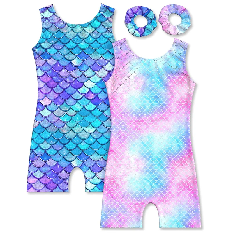 Pantalones cortos sin mangas para gimnasia para niñas, leotardos de baile para niña, Biketard de baile, trajes caídos con diadema a juego