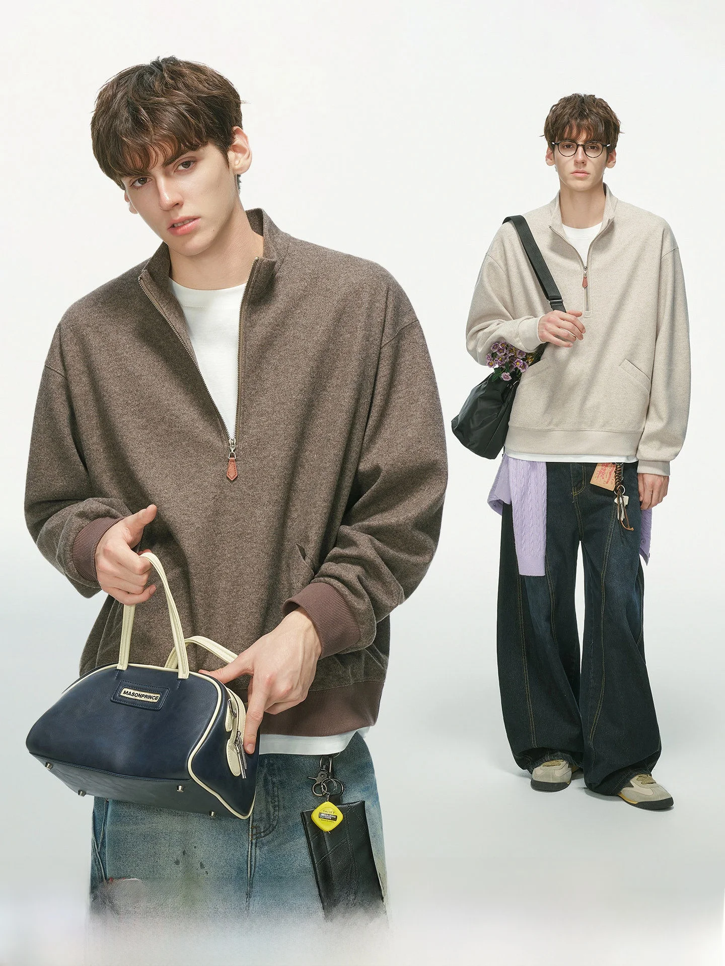 Acetate Wool Blend Men's Hoodie Half Zipper Autumn Fashion Fake Two-Piece Old Money Style Casual Loose Fit Long Sleeve Shirt