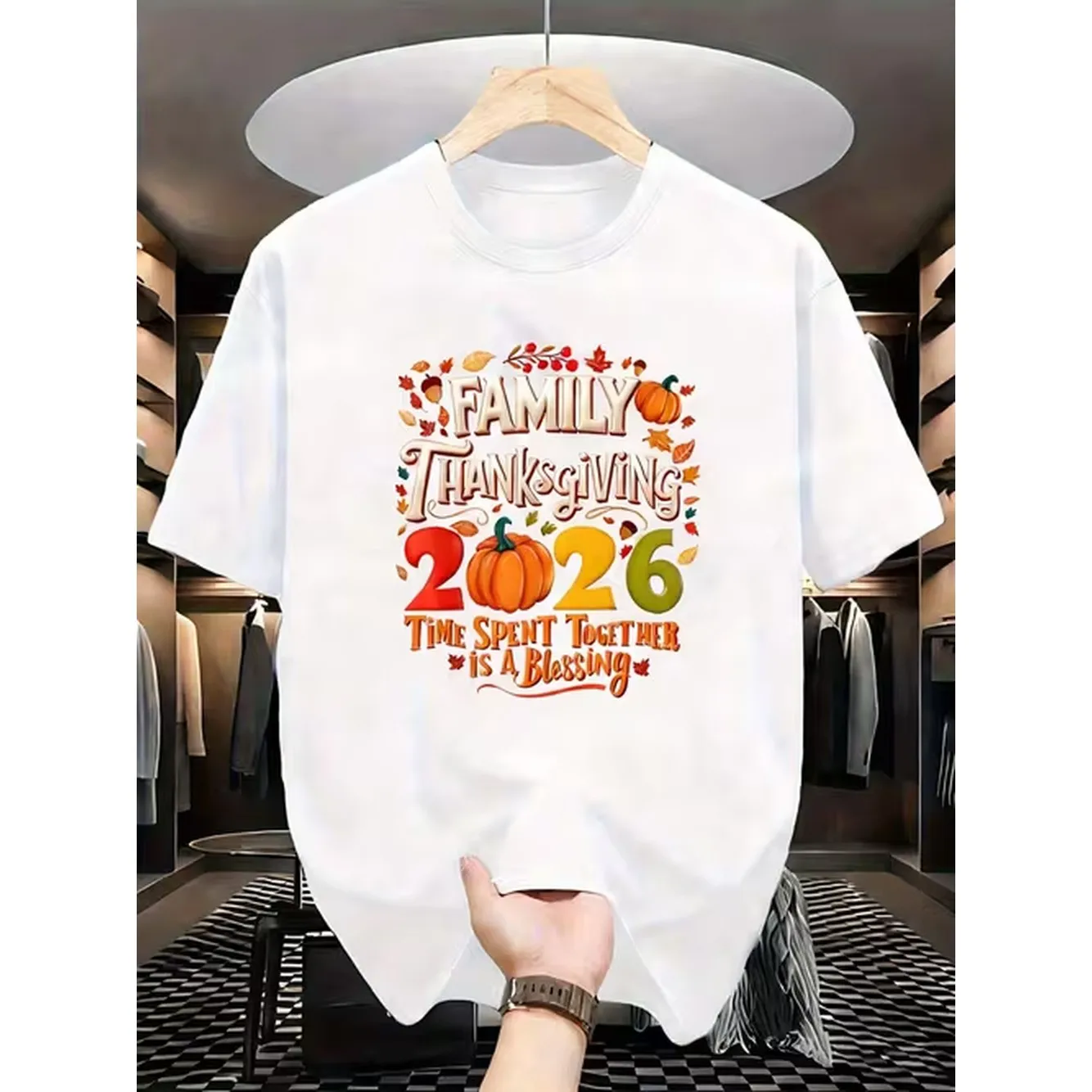 2026 Family Thanksgiving T Shirt Celebrating Design T Shirt With Vibrant Pumpkin And Leaf Pattern Casual Crew Neck T Shirt Fall Celebrations Ideal Thanksgiving Gift For Family