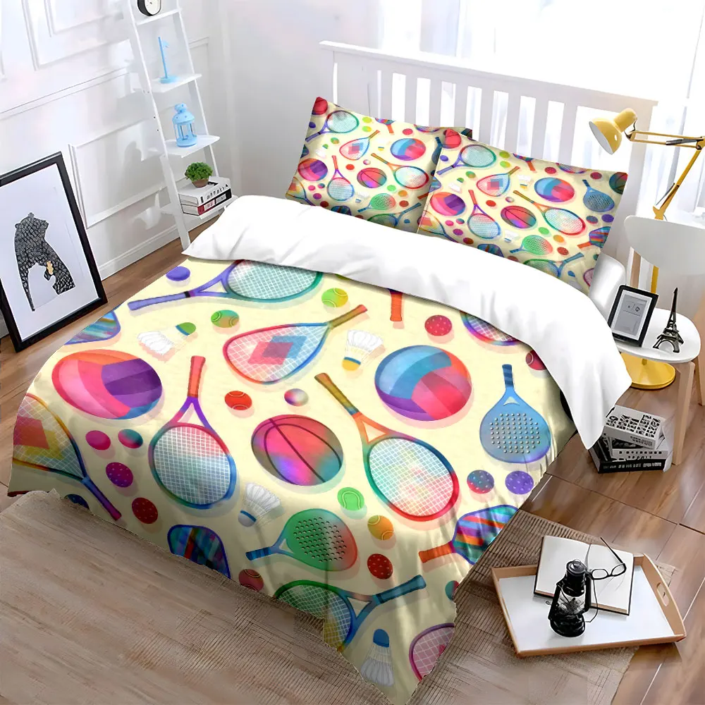 Sports Enthusiast Fun Set Colorful assortment of rackets and balls,kid's and adults' bedroom Exquisite 3PC bedding set, gift