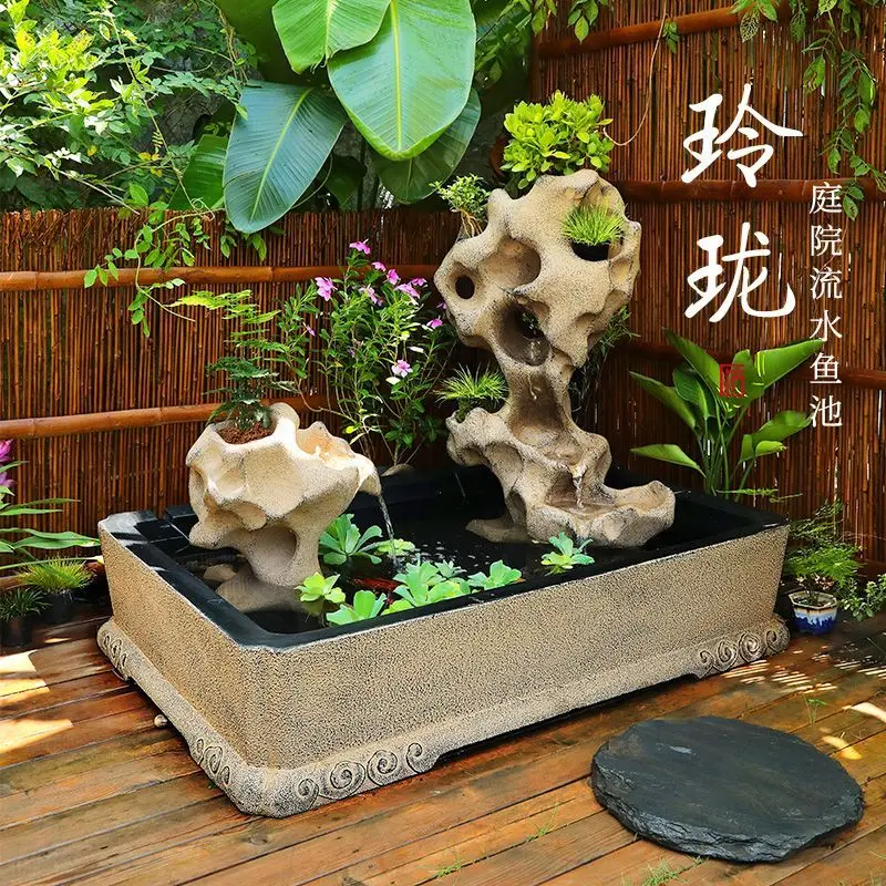 New Chinese-style courtyard, fish pond landscaping, decorative ornaments, garden layout, water feature, outdoor rockery