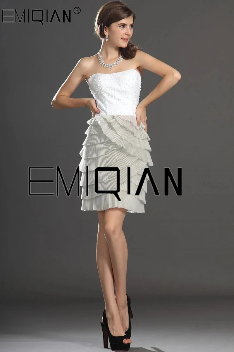 

New Arrivals Strapless Short Prom Dress Lovely White Sequin Top Crumpled Skirt Cocktail Dress