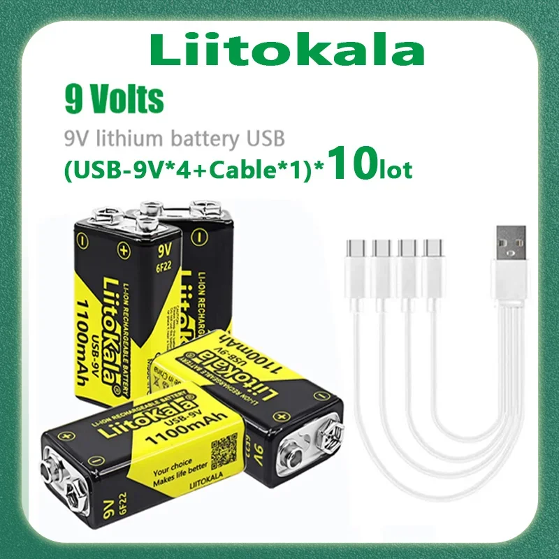 (USB-9V*40+cable*10) LiitoKala High Capacity USB Battery 9V 1100mAh Li-ion Battery For Toys Remote Control Dropshipping