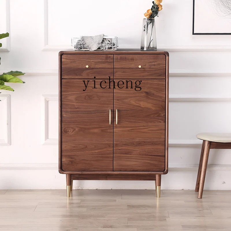 Tqh Black Walnut Wooden Shoe Cabinet Entrance Cabinet Nordic Simple Solid Wood Home Doorway Storage Hall Cabinet