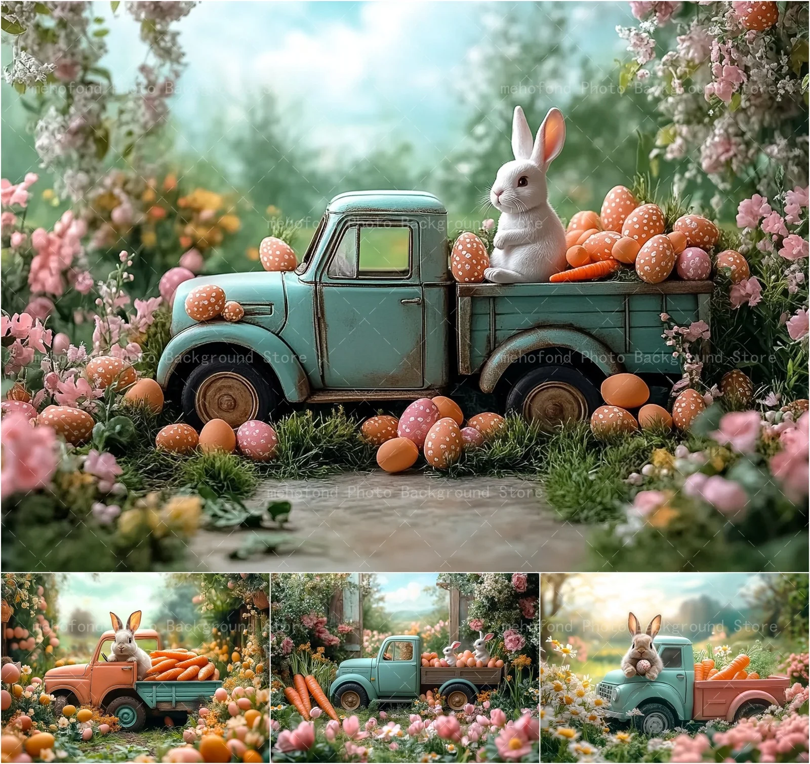 

Фон для фотосъемки Mehofond, весенний пасхальный белый кролик, красочная тележка с яйцом, цветы, морковь, детский семейный портретный фон, декор