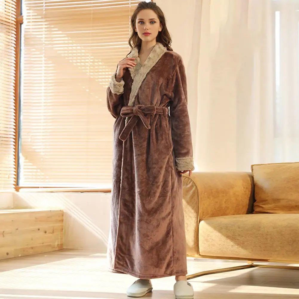 Fleece Plush Warm Long Robes Women Imitation Fur Bathrobe Thick Warm Floor Length Plush Fleece Robe Lounge Soft Warm Bathrobe