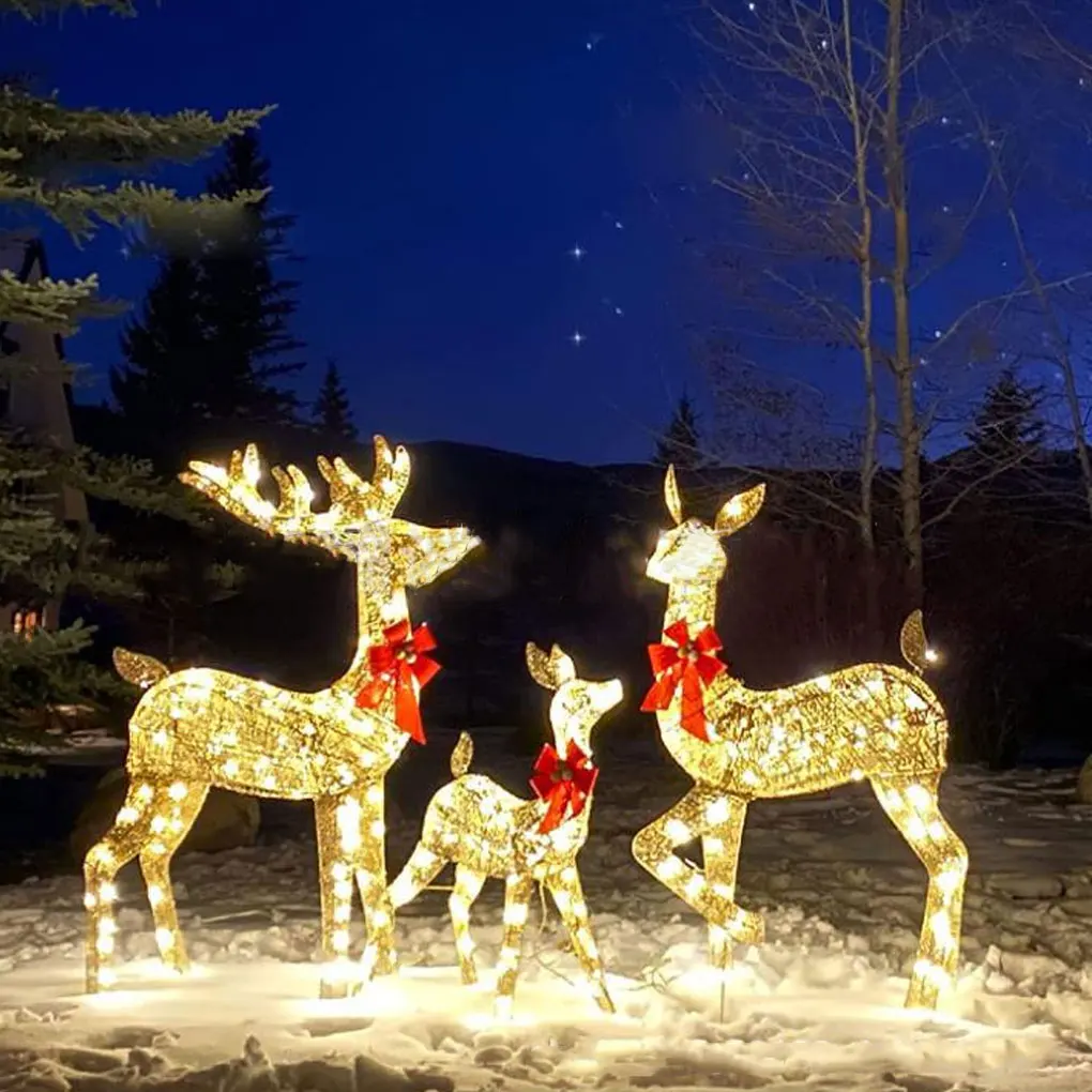 

3pcs Handmake Elk Deer Christmas Garden Decoration With LED Light Glowing Glitter Reindeer Xmas Home Outdoor Yard Ornament Decor