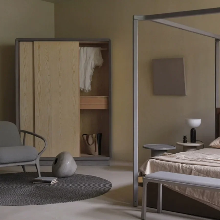 Wardrobe, Simple Home Bedroom Walnut Sliding Door Wardrobe Storage Cabinet